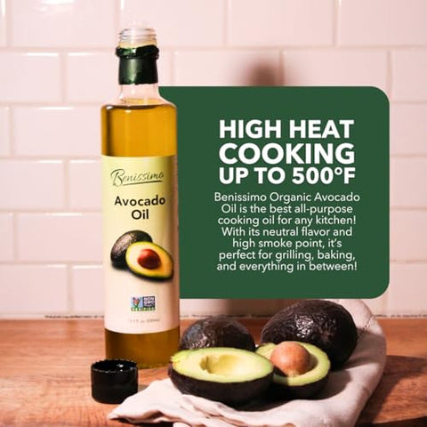 Benissimo 100% Pure Avocado Oil, 500ml Glass Bottle, Allergen-Free and Non-GMO, Premium Cold-Pressed Cooking Oil for Grilling, SautÃƒÂ©ing, Baking, and Salad Dressings