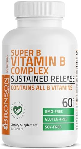 Bronson Super B Vitamin B Complex Sustained Slow Release (Vitamin B1, B2, B3, B6, B9 - Folic Acid, B12) Contains All B Vitamins 60 Tablets