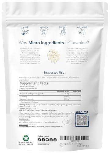 Micro Ingredients L-Theanine 200Mg With Magnesium Glycinate 400 Coconut Mct Oil Softgels 2-In-1 Amino Acid & Mineral Complex Gentle Care All Day & Night