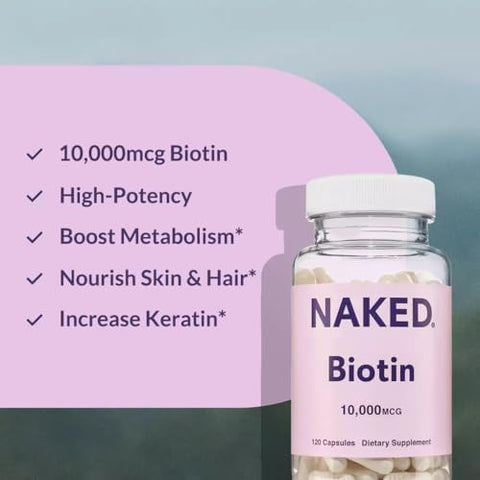 NAKED Biotin 10000mcg Max Strength Vitamin B7 Supplement for Healthy Hair Skin and Nails Support NonGMO GlutenFree Vegan Supports Keratin Production 120 Capsules