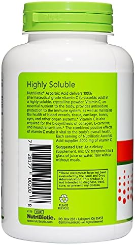 Nutribiotic Ascorbic Acid Vitamin C Powder 8 Oz Pharmaceutical Grade L-Ascorbic Acid 2000 Mg Per Serving Essential Immune & Antioxidant Collagen Support Supplement Vegan Gluten & Gmo