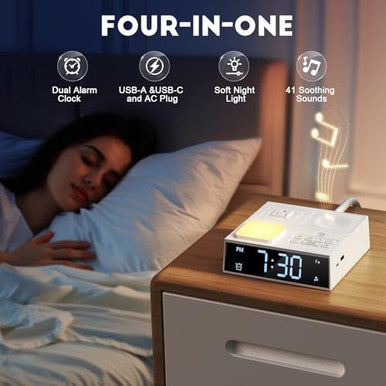 Gannyfer White Noise Sound Machine With Dual Alarm Clock - Soft Night Light 41 Non Looping Sounds Usb Port Charger 3 Timers Memory Function 31 Adjustable Volume Sleep Sound Machine For Adult & Home Bedroom