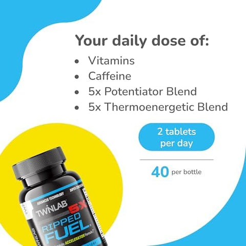Twinlab Ripped Fuel - Endurance & Natural Energy Support - Made With Green Tea Extract Vitamin B12 Caffeine & More - 40 Tablets