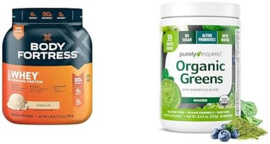 Body Fortress 100% Whey Protein Powder Vanilla 1.74Lbs & Purely Inspired Organic Greens Powder Unflavored 24 Servings Bundle