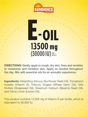 Sundance Vitamin EOil for Skin 13500 mg (30000 IU) 4 Fluid Ounces Lemon Scented NonGMO and Gluten Free Supplement