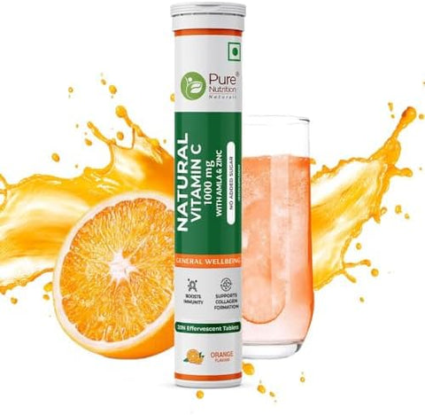 Pure Nutrition Vitamin C and Zinc 40 Effervescent Tablets (20 X 2) Orange Flavour 1000Mg Amla Extract Supports Skin Immunity and Daily Wellness For Men and Women