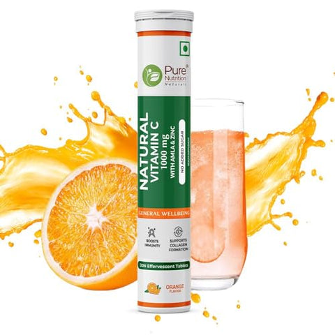 Pure Nutrition Vitamin C & Zinc 40 Effervescent Tablets (20 X 2) Orange Flavour 1000Mg Amla Extract Supports Skin Immunity & Daily Wellness For Men & Women