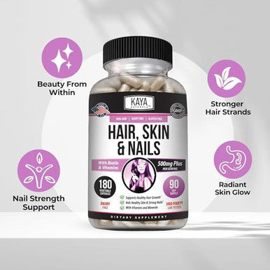 Kaya Naturals Hair Skin Nail Capsules BIOTIN Vitamin D Vitamin B-12 A Folic Acid Support Hair Support Vitamin Supplement