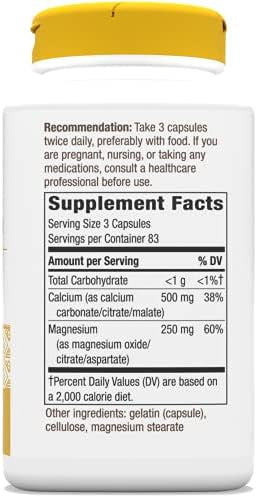 Nature'S Way Calcium & Magnesium Mineral Complex, Supports Bone Health & Muscle Function, 750 Mg Per 3-Capsule Serving, 250 Capsules (Packaging May Vary)