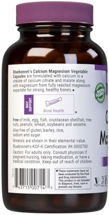 Bluebonnet Nutrition Calcium & Magnesium Bone Health Soy Gluten Nongmo Vegan Kosher Parve 180 Vegetable Capsules 60 Servings