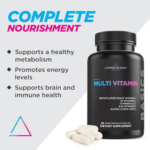 Livingood Daily Methylated Multivitamin For Women And Men Multi Vitamin Supplement With Alpha Lipoic Acid B Vitamins Iron Zinc And Selenium Energy Metabolism And Immune Support 60 Capsules