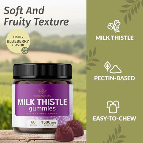 Herbamama Milk Thistle Supplement - 1500Mg Milk Thistle Seed Gummies For Liver Cleanse - Vegan Non-Gmo Liver Support With Silybum Marianum - 60 Pectin-Based Blueberry-Flavored Chews
