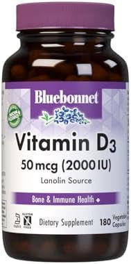 Bluebonnet Nutrition Vitamin D3 2000 Iu Vegetable Capsule Aid In Muscle And Skeletal Growth Cholecalciferol From Lanolin D3 Non Gmo Gluten Soy Milk Kosher 180 Vegetable Capsule