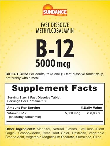 Sundance Vitamin B12 Fast Dissolve Tablets 5000 Mcg 50 Count As Methylcobalamin Natural Berry Flavor Vegetarian Nongmo And Gluten Supplement