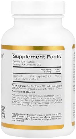 California Gold Nutrition Vitamin D3 5000Iu Cholecalciferol From Lanolin 125 Mcg 360 Fish Gelatin Softgels