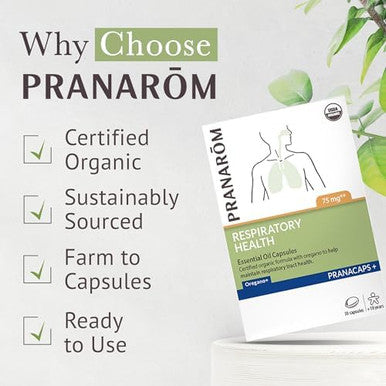 Pranarom Pranacaps 30 ct | Oregano and lemon essential oil capsules pre-dosed and easy to swallow for respiratory tract health. Certified organic.