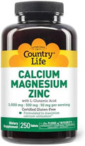 Country Life Calcium Magnesium Zinc With Vitamin D3 And L-Glutamic Acid, Dietary Supplement For Bone Support, Certified Gluten Free, 1000Mg/500Mg/50Mg, 250 Tablets