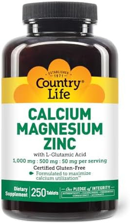 Country Life Calcium Magnesium Zinc With Vitamin D3 And L-Glutamic Acid, Dietary Supplement For Bone Support, Certified Gluten Free, 1000Mg/500Mg/50Mg, 250 Tablets