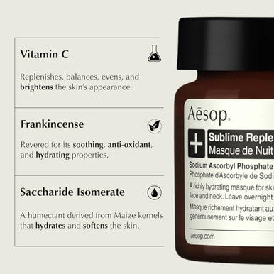 Aesop Sublime Replenishing Night Masque Hydrating Masque with Vitamins B, C, E, and F Overnight Mask for Dry, Dehydrated, Dull, Patchy Skin 2.1oz / 60mL