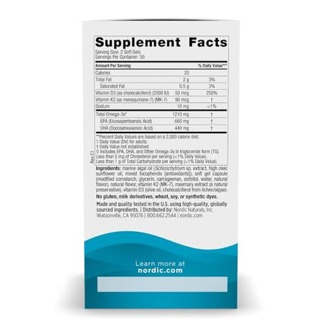 Nordic Naturals Ultimate Omega Plant Based Vitamin With Vitamin D3 K2-60 Vegetarian Soft Gels - 1210 Mg Omega-3S Plus 2000 Iu D3 And 90 Mcg K2 - Promotes Brain Health - Non Gmo 30 Servings
