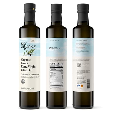 Sky Organics - Organic Extra Virgin Olive Oil, 16.9 fl oz - Cold Pressed & Unfiltered - Bright, Fresh, Authentic Flavor - Sourced from Farmers in Greece - 100% Pure - Kosher - Natural, Vegan, & Soy Free