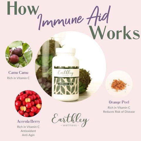 Earthley Wellness ImmuneAid Vitamin C Powder Natural Immune Support with Camu Camu Acerola Berry and Orange Peel Antioxidants Energy and Skin Health 100% Pure No Fillers (8oz)