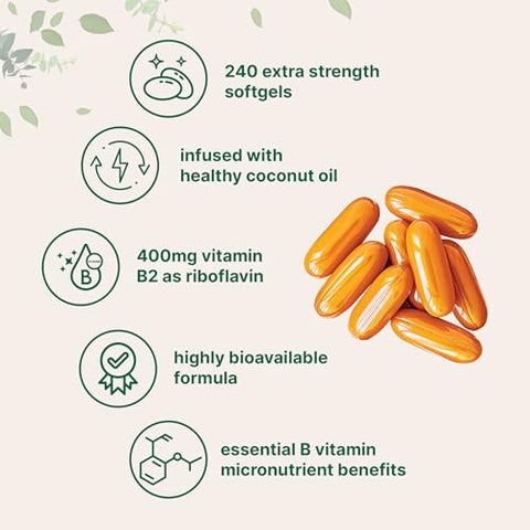 Micro Ingredients Vitamin B2 Riboflavin 400Mg 240 Softgels With Coconut Oil Highly Bioavailable Extra Strength Vitamin B Energy Supplements Essential B Vitamins For Women & Men Non-Gmo Gluten Free