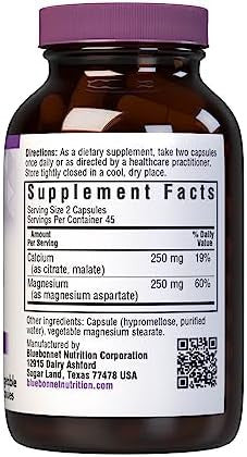 Bluebonnet Calcium Magnesium 1:1 Ratio Vegetarian Capsules 90 Count