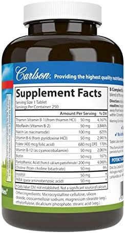 Carlson B Compleet 50 Balanced Vitamin B Complex Energy Production Cellular Support and Optimal Wellness 250 Tablets