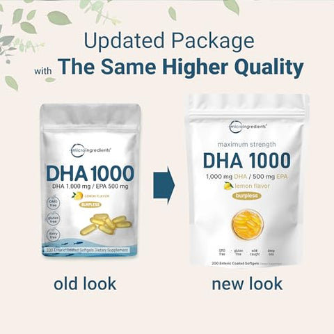 Micro Ingredients Omega 3 Fish Oil Dha Supplements 1000Mg With Epa 500Mg 200 Softgels Lemon Flavored Burpless (Enteric Coated) Deep Sea Fresh Fish Wild Caught From Norwegian Waters Mercury Free