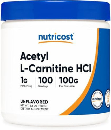 Nutricost Acetyl Lcarnitine Hci (Alcar) 100 Grams Per Container 1G Per Serving Nongmo Gluten Unflavored