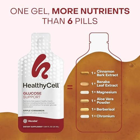 Healthycell Glucose Support Supplement To Support Balanced Blood Sugar - Berberine Cinnamon & Chromium For Healthy Insulin Function & Proper Glucose Metabolism - 30 Gel Packs Apple Cinnamon Flavored