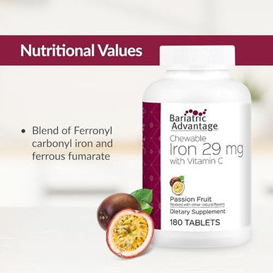 Bariatric Advantage Chewable Iron 29 Mg For Bariatric Surgery Patients Iron With Vitamin C No Iron Taste Ferrous Fumarate & Carbonyl Iron Supplement Passion Fruit 180 Count