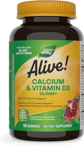 Nature'S Way Alive Daily Calcium & Vitamin D3 Gummies, Bone Support, Immune Support, Strawberry And Raspberry- Lemonade Flavored, 60 Gummies (Packaging May Vary)