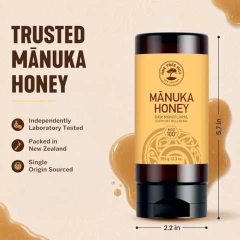 One Tree Hill New Zealand Manuka Honey, MGO 100+ Certified Raw Manuka Honey, Monofloral, 100% Pure Single-Origin, Squeeze Bottle for Toast, Yogurt, Oatmeal, Baking - 12.3 oz (350 g)