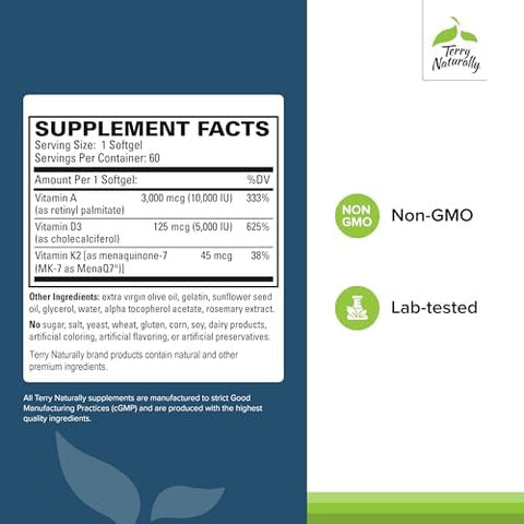 Terry Naturally A D3 K2 Healthy Supplement for Immune Support Heart Health and Bone Support Supplement for Strong Bones and Healthy Heart Includes Vitamins A D3 and K260 Softgels (60 Servings)