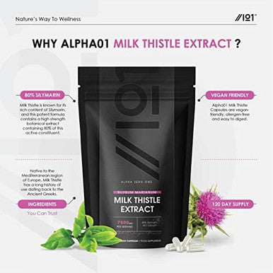 Milk Thistle Extract 7500Mg ÃƒÂ¢Ã¢â€šÂ¬Ã¢â‚¬Å“ 80% Silymarin Content - 120 Vegan Capsules (4 Months Supply) - By Alpha01