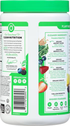 Orgain Organic Greens Powder + 50 Superfoods Original 1 Billion Probiotics For Gut Health Antioxidants Vegan Plant Based Gluten Non Gmo Dairy Juice & Smoothie Mix 0.62Lb