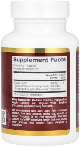 California Gold Nutrition Reishi (Ganoderma Lucidum) Full Spectrum Organic 600 Mg 90 Veggie Capsules