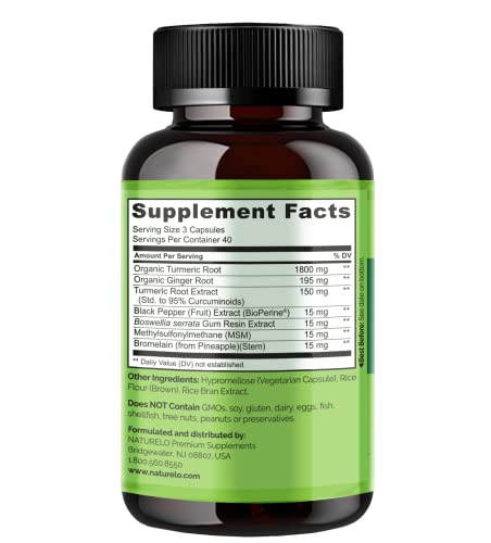 Naturelo Tumeric Curcumin Plant Based Joint Support Magnesium Glycinate 200 Mg Magnesium - Gluten Free Non Gmo 120 Capsules
