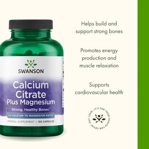 Swanson Calcium Citrate Plus Magnesium Mineral Supplement Promoting Strong Bones Energy Production and Muscle Relaxation May Support Cardiovascular Health (150 Capsules)