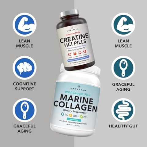 Amandean Premium Creatine Hcl & Marine Collagen Bundle. Usamade Concret. 7X Concentrated. Wildcaught Hydrolyzed Fish Collagen Protein. Antiaging. Support Recovery & Lean Muscle. Healthy Skin