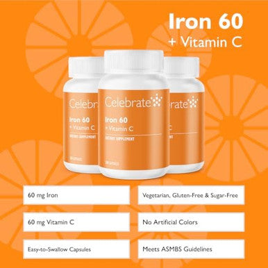 Celebrate Vitamins Iron Supplement With Vitamin C - 60Mg Iron, 60Mg Vitamin C, Bariatric Vitamins For Wls Patients, Vertical Sleeve & Gastric Bypass Surgery (90 Capsules)