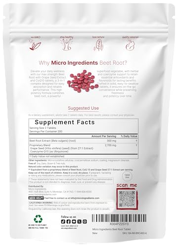 Micro Ingredients Beet Root 3000Mg With Grape Seed Extract & Coq10 400 Tablets 200 Servings Super Beets Supplements From Fresh Beetroot Extract