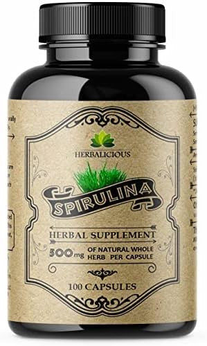 Herbalicious Spirulina Capsules-Natural Daily Superfood Supplement-Blue Green Algae Extract with B Vitamins Iron Amino Acid&Antioxidants to Support Immune System Function Total Body Cleanse 100pcs