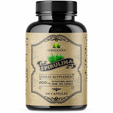 HERBALICIOUS Spirulina Capsules-Natural Daily Superfood Supplement-Blue Green Algae Extract With B Vitamins, Iron, Amino Acid&Antioxidants To Support Immune System Function, Total Body Cleanse 100Pcs
