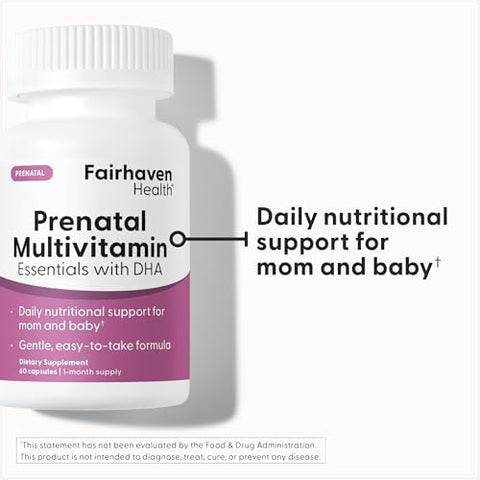 Fairhaven Health Prenatal Multivitamin Essentials with DHA Prenatal Vitamins + DHA Choline MyoInositol Citrus Essence to Deter Nausea Vegan 60 Capsules