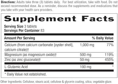 Country Life Calcium Magnesium Zinc With Vitamin D3 And L-Glutamic Acid, Dietary Supplement For Bone Support, Certified Gluten Free, 1000Mg/500Mg/50Mg, 250 Tablets