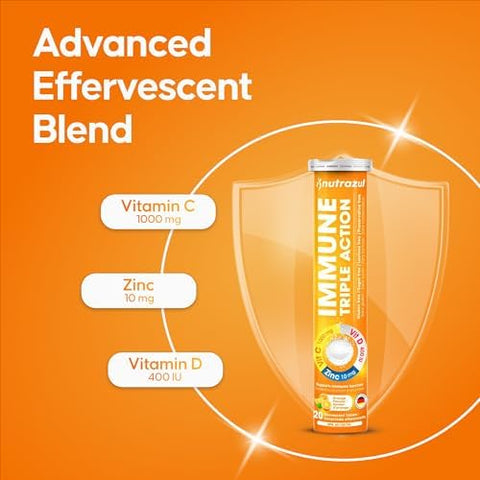 Nutrazul Immune Triple Action Effervescent Tablets With Vitamin C 1000Mg Vitamin D Zinc Support Daily Routine Vegan Gluten Sugar Lactose Orange Flavor 20 Tablets (Pack Of 5X20)