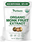 Organic Monk Fruit Extract Powder, 125g (4.41oz), No Fillers Pure USDA Organic Monk Fruit Extract Sweetener with No Aftertaste, Zero Calorie & Zero Carbs, Keto & Paleo Friendly 403 Servings